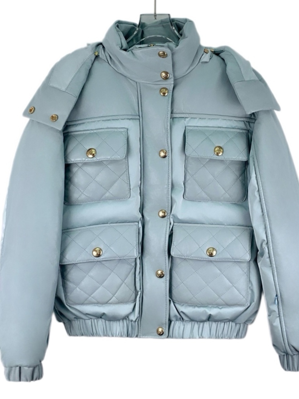 Chanel Light Blue Quilted Multi-Pocket Hooded Long-Sleeve Down Jacket